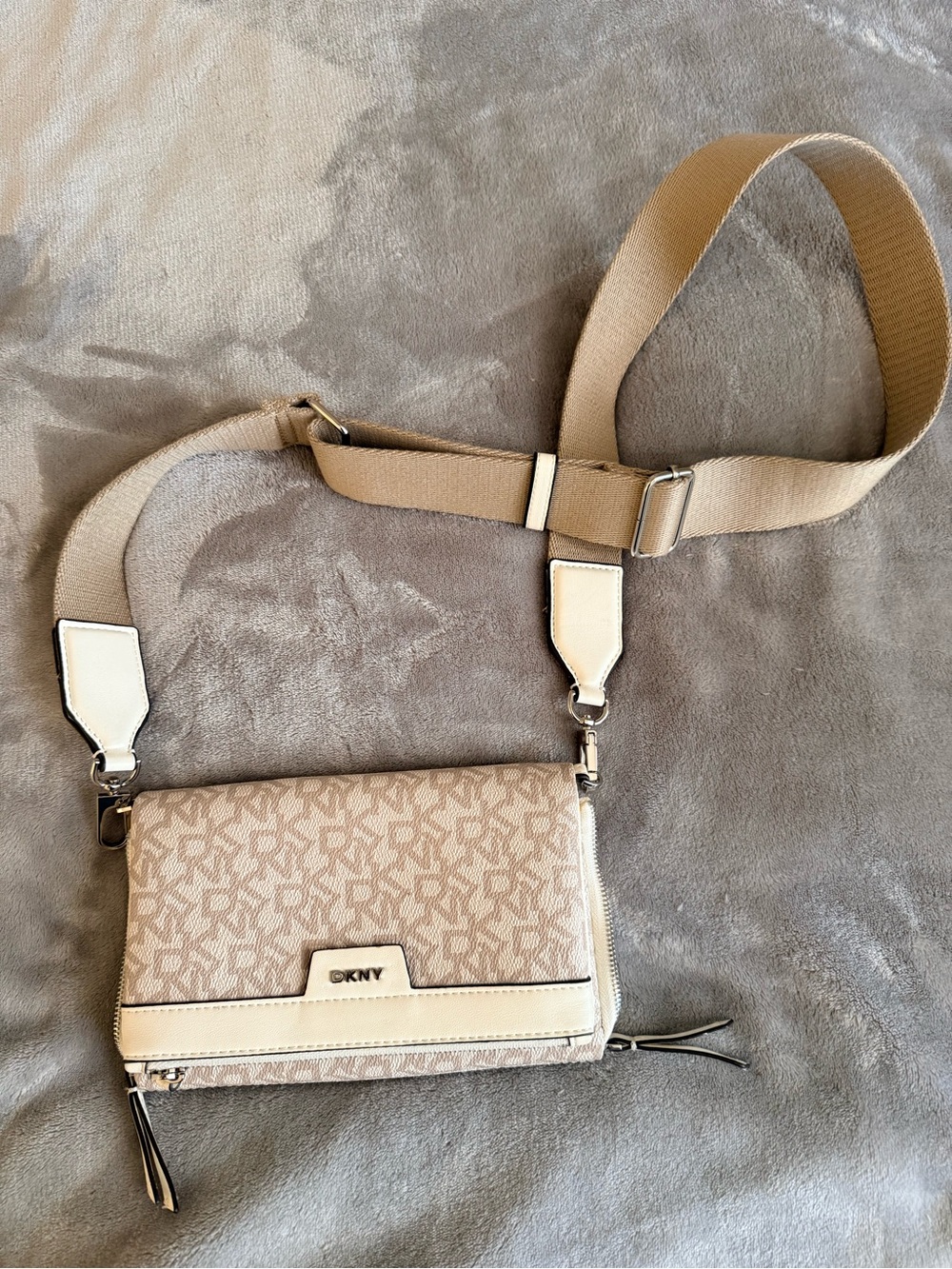 DKNY Beige Logo Crossbody with Wide Strap